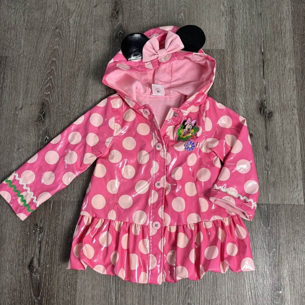 Disney Store Girls Sz 3 Minnie Mouse Polka Dot Pink Ears Hood Rain‎ Jacket